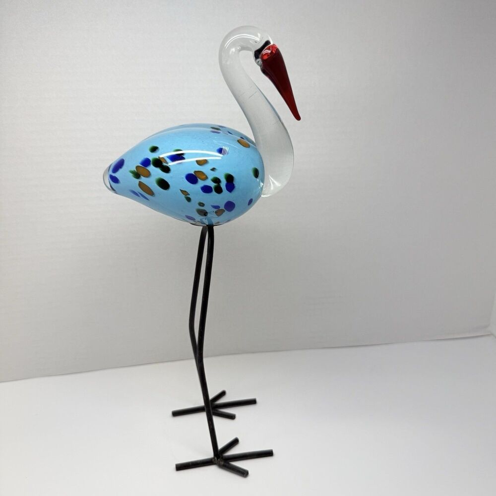 Hand Blown Murano Style Art Glass Turquoise Speckled Bird With Tall Metal Legs - Picture 3 of 10